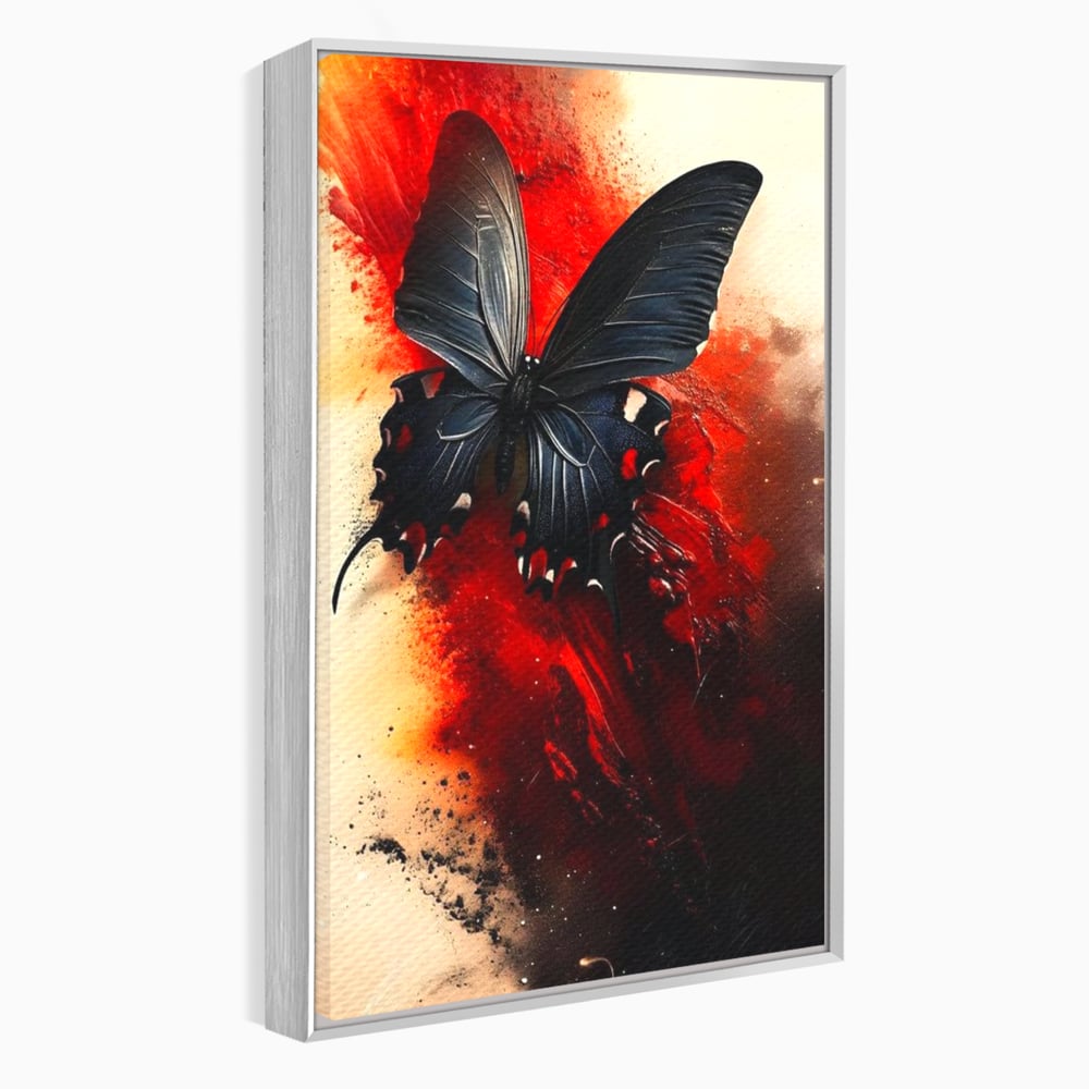 Tablou canvas cu tablou canvas cu fluture negru si fundal rosu, in rama de aluminiu argintiu